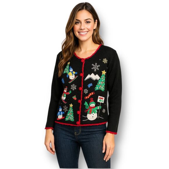 Vintage Nutcracker Christmas Cardigan Black Sweater Snowman Trees Embroidered XL - Picture 1 of 10
